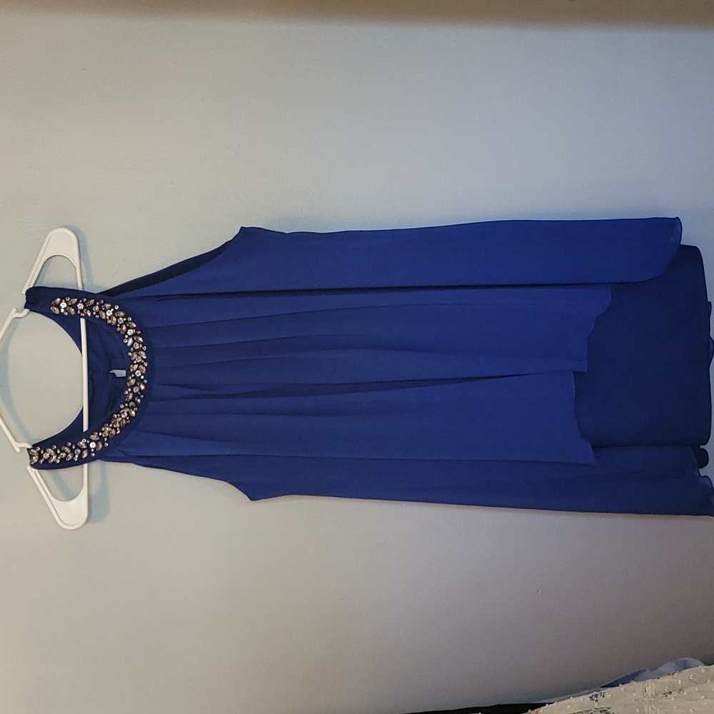 Women's Plus Blue Rhinestone Neckline Dress | Size 16 W